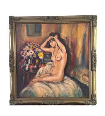 tableau représentant une femme nue assise sur un lit, avec un vase de fleurs