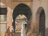 painting of a man and a woman walking through an alley