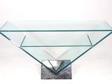 a close up of a glass table with a metal base