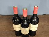 three bottles of wine sit on a wooden table with a blue background