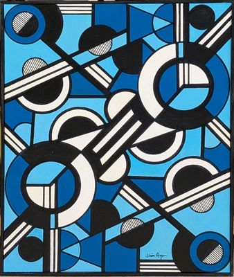 une image représentant une peinture abstraite bleue et noire avec des cercles