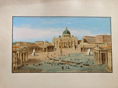 a picture of a painting of a city with people walking around it