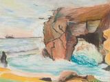 a painting of a person standing on a beach