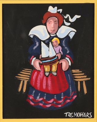 painting of a woman in a red dress holding a doll and a sailboat