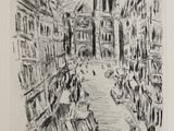 un dessin à l'encre représentant une rue de la ville avec une tour horloge en arrière-plan