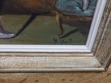 a painting of a cat sitting on a chair in a room