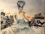 un tableau représentant une femme assise à une table, une cigarette à la main