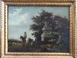 un vieux tableau représentant un homme à cheval et un autre homme à cheval accompagné d'un chien