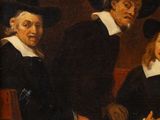a painting of three men in black hats and red pants