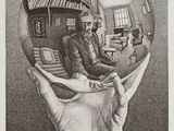 drawing of a hand holding a mirror ball with a reflection of a man in a library