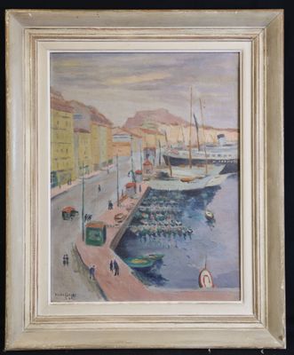 an oil painting of a harbor scene with boats in the water