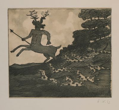 a drawing of a man riding a horse with a bird on his head