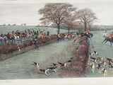 a painting of a group of people riding horses and dogs
