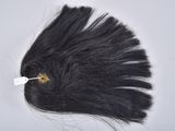 a picture of a piece of black hair with a tag on it