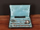 a silverware set in a blue case on a table