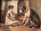 a painting of a dog and a girl sitting next to a dog
