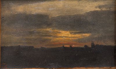 une image d'un tableau représentant un coucher de soleil sur une étendue d'eau