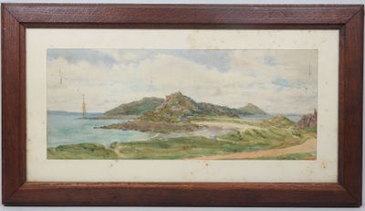 tableau représentant la vue d'une petite île avec un voilier au loin