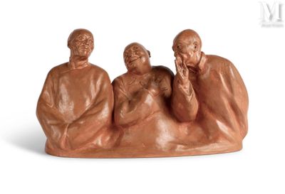 three figurines of three people sitting on a bench