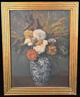 une peinture de fleurs dans un vase sur une table