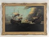 une peinture représentant deux bateaux sur l'eau, avec le ciel en arrière-plan