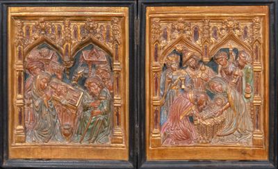 two panels of carved wood depicting scenes from the life of jesus and mary