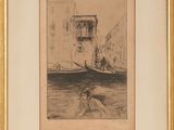peinture d'un bateau sur un plan d'eau avec un bâtiment en arrière-plan
