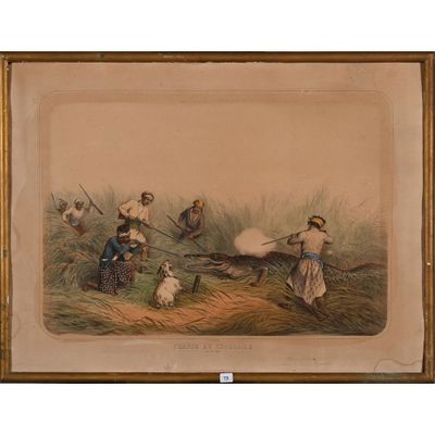 tableau représentant un groupe d'hommes et de femmes dans un champ, en compagnie d'un chien