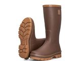 a close up of a pair of brown rain boots on a white background