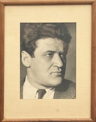 portrait d'un homme en costume-cravate, dans un cadre en bois