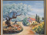 an oil painting of a path leading to a house with a tree in the foreground