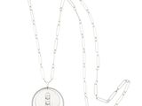 silver plated necklace with a circular pendant and a long chain