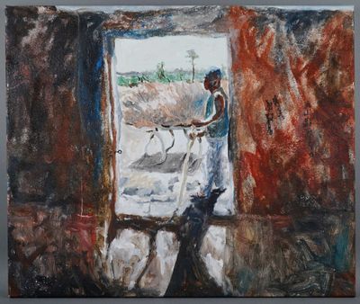 a painting of a man and a dog looking out of a window