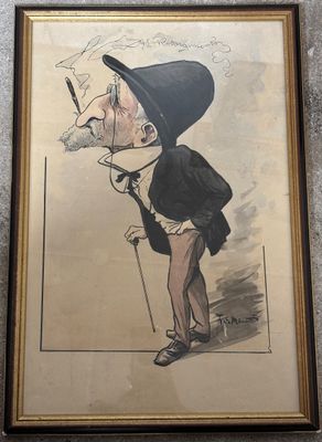 une vieille caricature politique représentant un homme avec une canne et un chapeau
