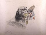 tableau représentant un chien tenant un oiseau dans la gueule