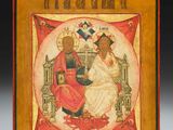 a painting of a man and a woman sitting on a chair