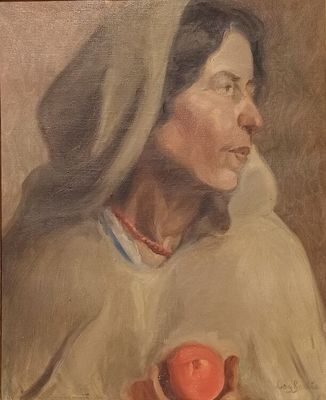 tableau représentant une femme tenant une pomme dans ses mains