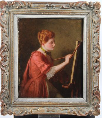 a painting of a woman in a red dress holding a brush