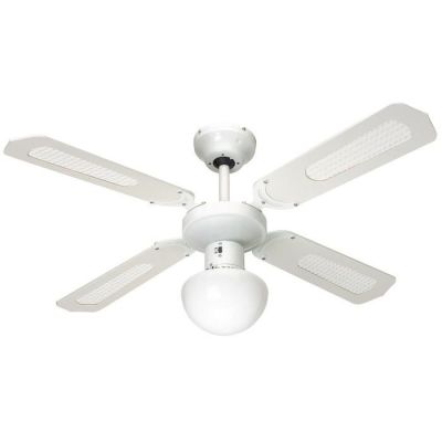 un ventilateur de plafond blanc équipé d'une lampe blanche