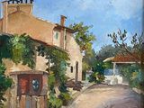 an oil painting of a house with a mailbox on the side of the road