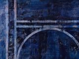 a painting of a man sitting on a bench in front of a blue wall