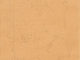 un vieux dessin représentant un chat sur un bout de papier comportant des inscriptions