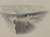 drawing of a view of a mountain with a castle on top of a cliff