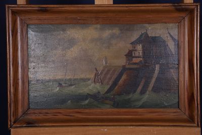 tableau représentant un bateau sur un plan d'eau, avec une maison posée dessus
