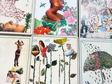 several cards with pictures of a woman holding an umbrella in the rain