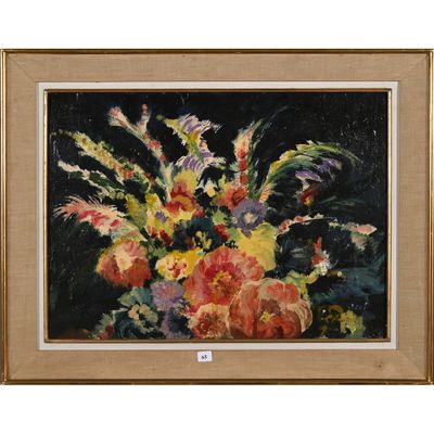 une peinture à l'huile représentant des fleurs dans un vase sur fond noir