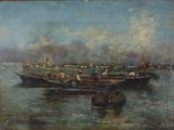 painting of boats in the water with people on them