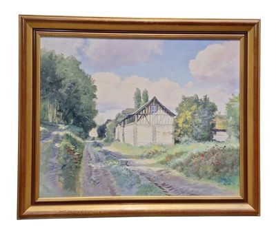 une peinture à l'huile représentant une grange dans un décor champêtre