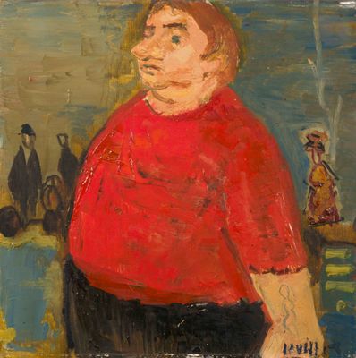 une peinture à l'huile représentant un homme en chemise rouge debout devant un groupe de personnes