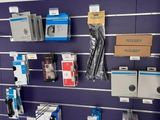 a purple wall with a bunch of electronics on it